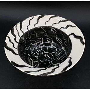 Studio Art Pottery Black & White Abstract Figures Cereal Bowl Artist Signed